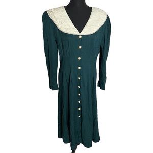 Vintage 80s/90s Caroline Wells Green Pearl Button Front Frill Collar Dress Sz 12